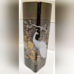 Shibata Japan Black Porcelain 6"  Vase Peacock & Flowers Gold Trim